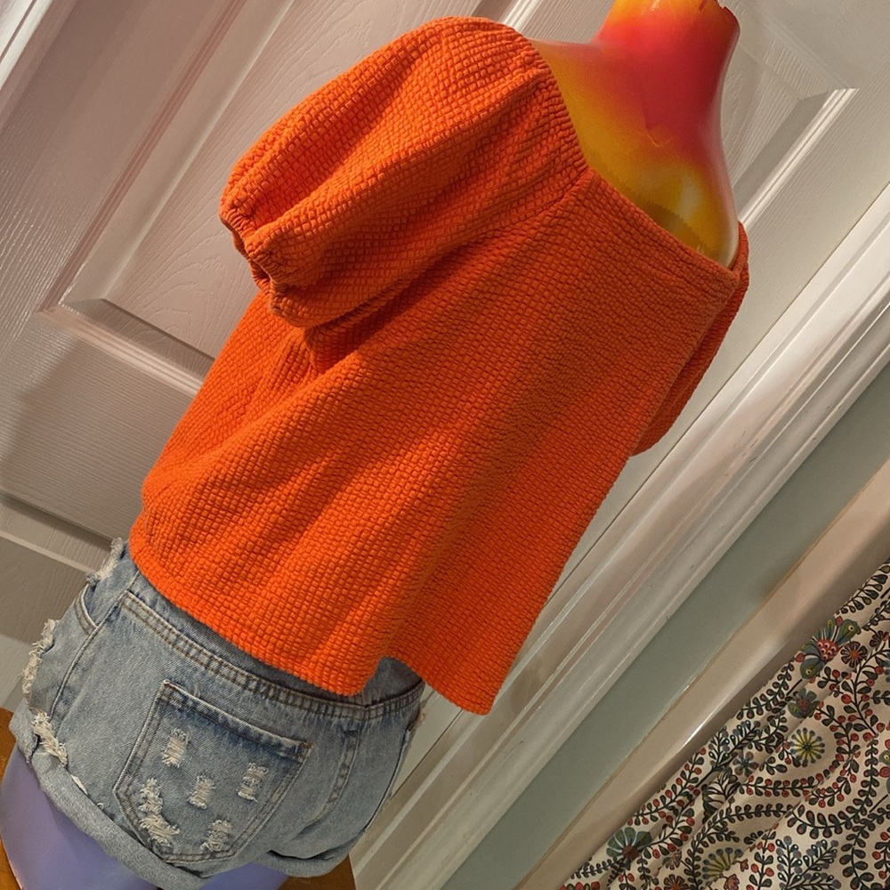 LOFT Orange Puff Sleeve Smocked Blouse - Picture 7 of 11